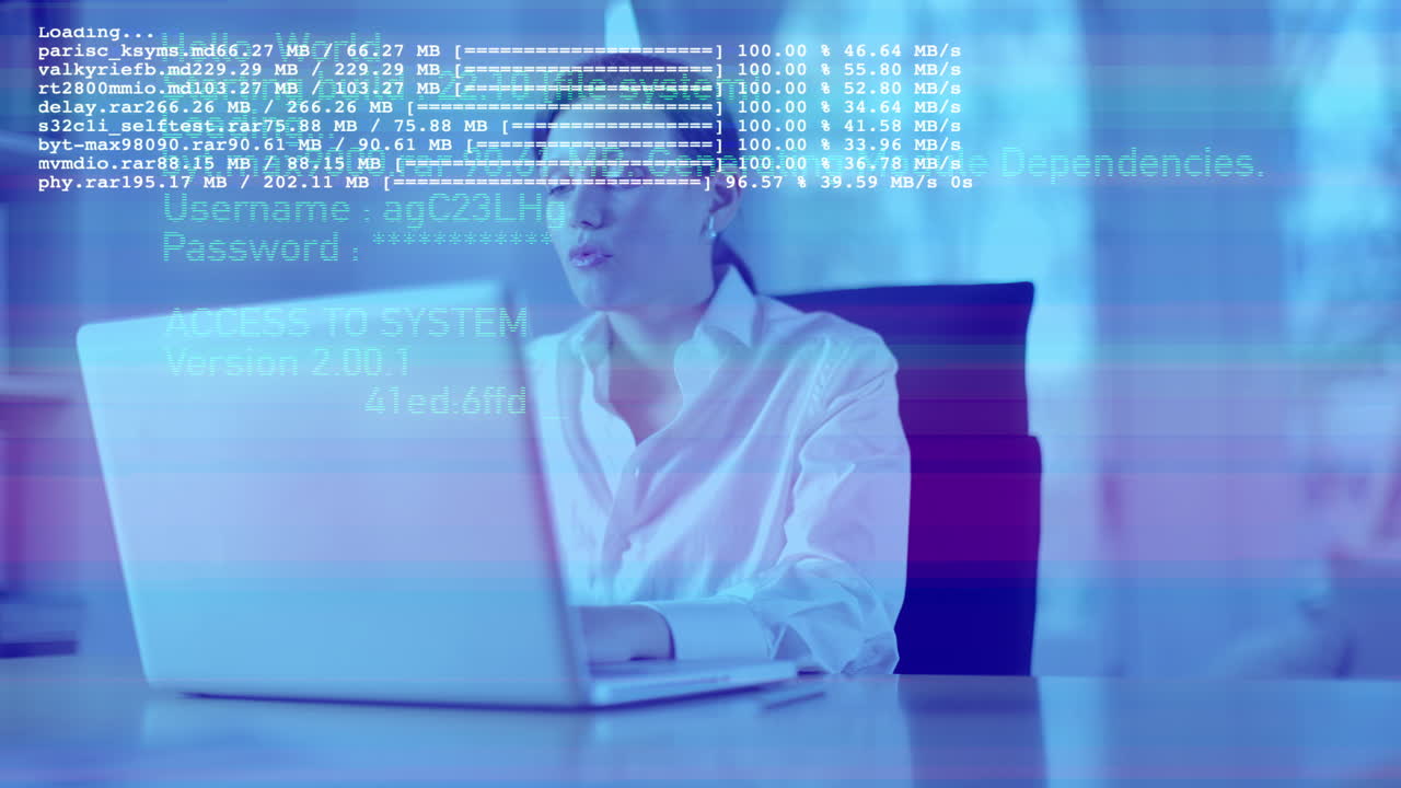 mujer de negocios con datos tecnológicos superpuestos