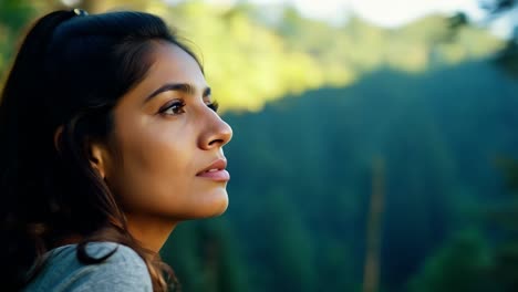 woman looking at a beautiful forest landscape