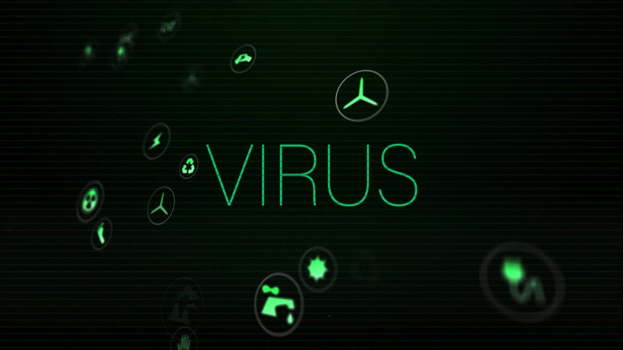 Glitch sweeping interface while green icons drifting by glowing VIRUS text representing virus alert