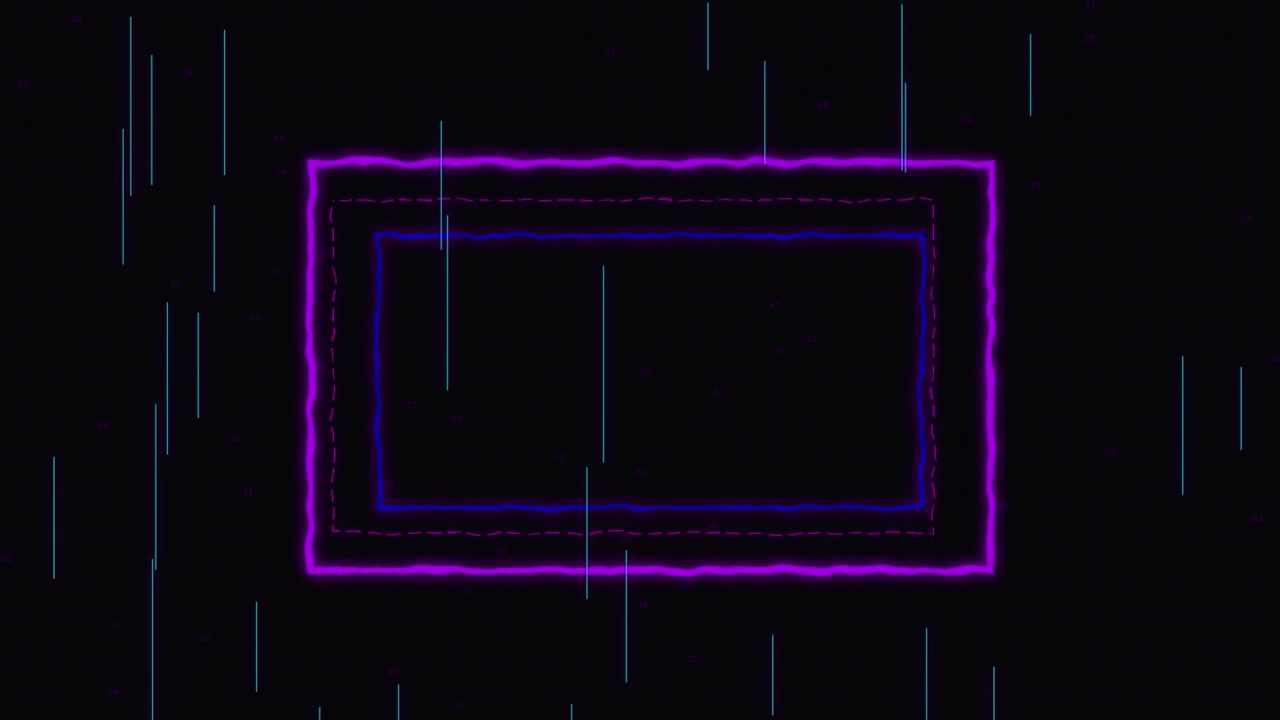 Abstract Neon Purple Glowing Frame with Digital Rain Background