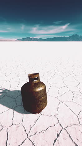 tanque de propano oxidado en un paisaje desértico agrietado