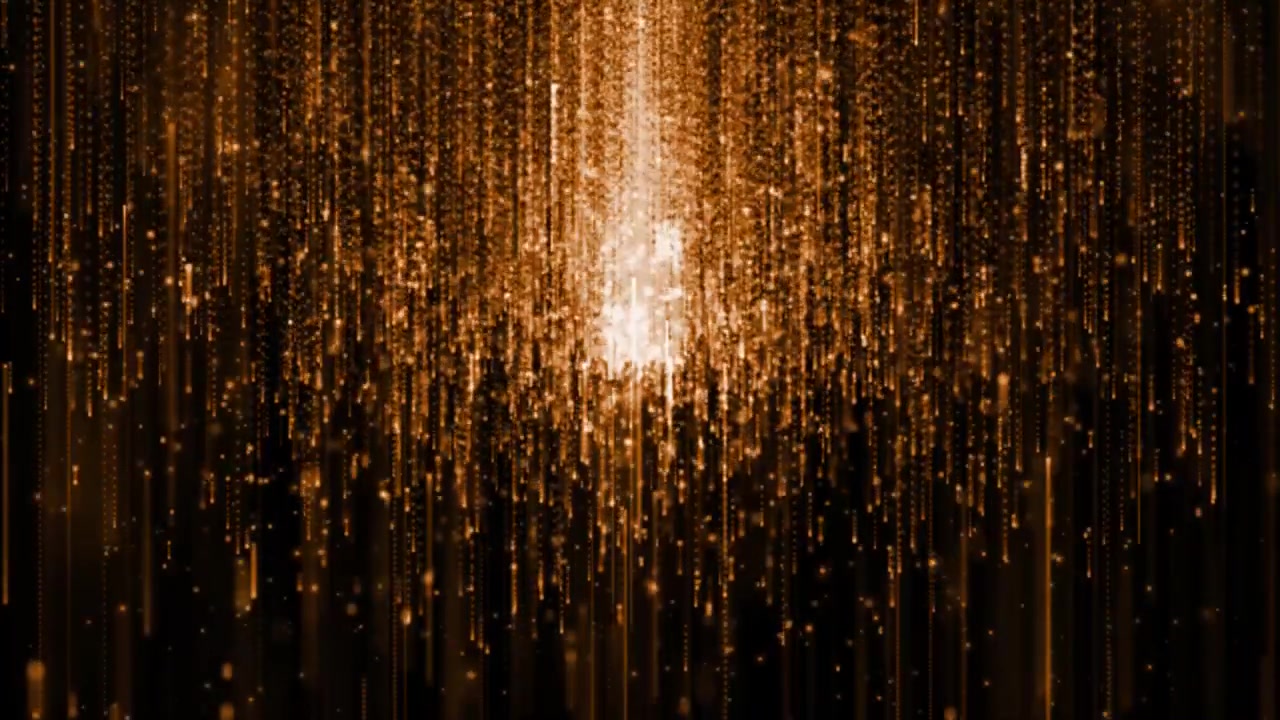 Particelle dorate astratte che cadono con un movimento verticale.
