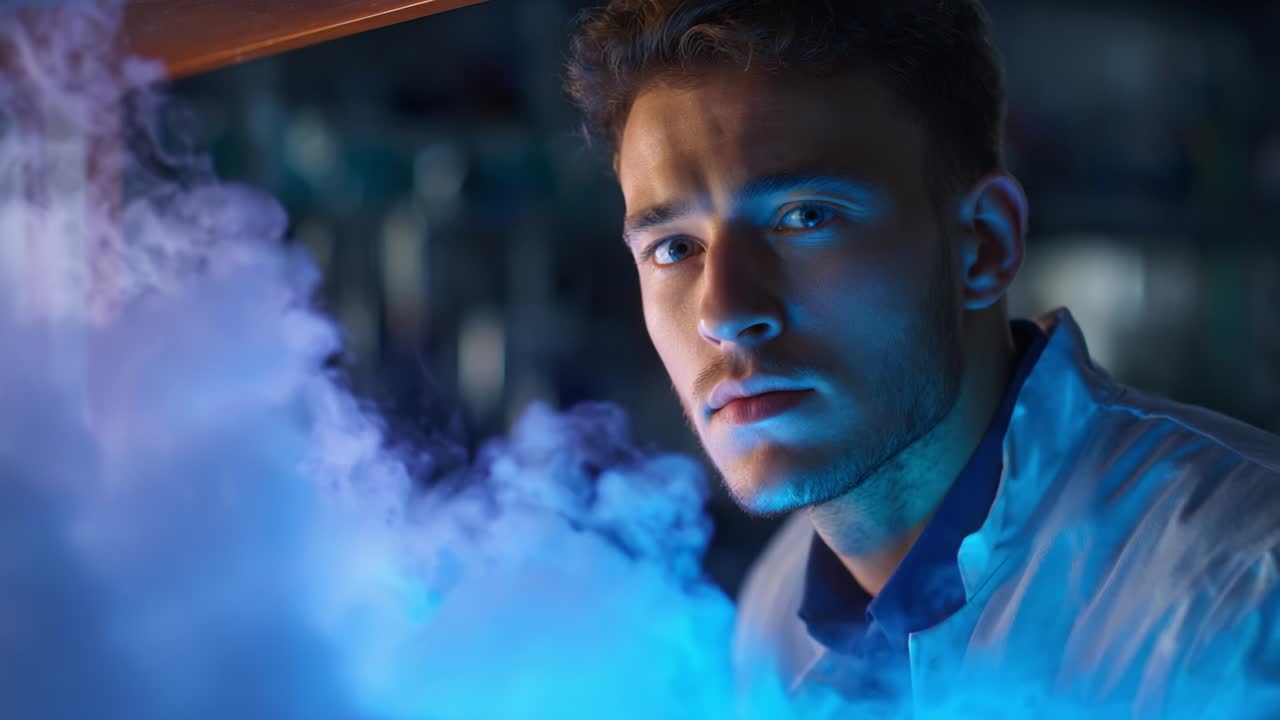 Focused Scientist Analyzing Vapor in a Laboratory Setting, Deep in Contemplation Amidst a Swirling Cloud of Colorful Fog, Representing Creativity and Innovation in Science