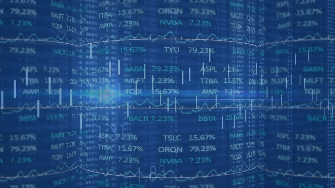 Analyzing financial data, fluctuating stock market graphs and percentages in animation
