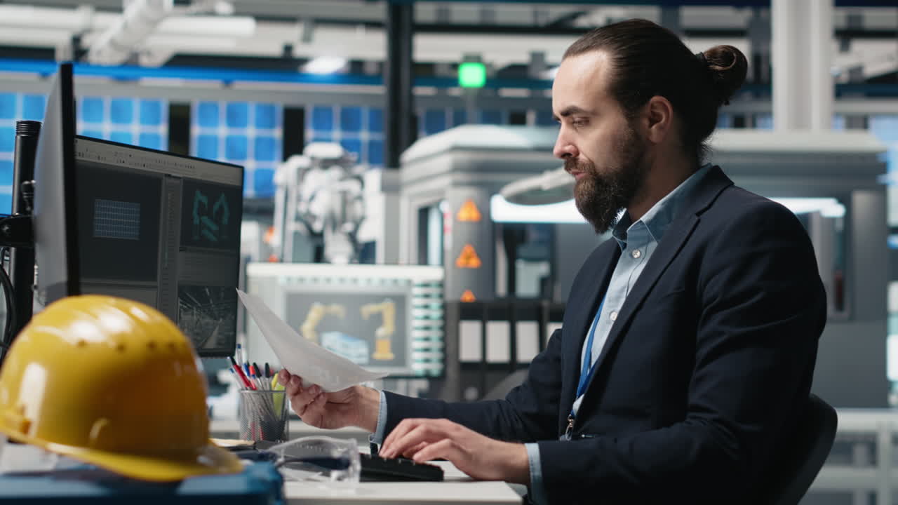 Engineer working on computer in factory