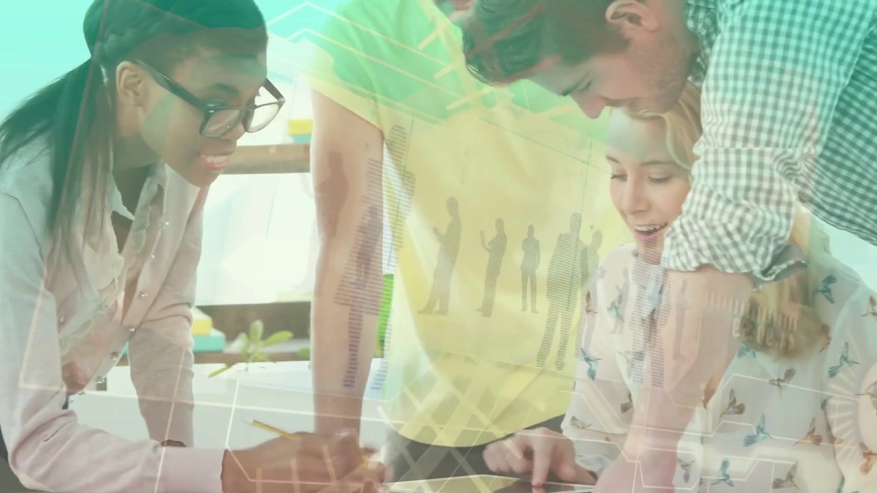 Design team leaning over tablet woman tapping, starting review while teal overlay showing sketches