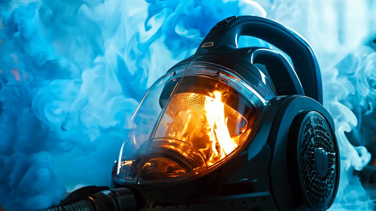 검은색 진공청소기에서 파란색 연기가 나옵니다.