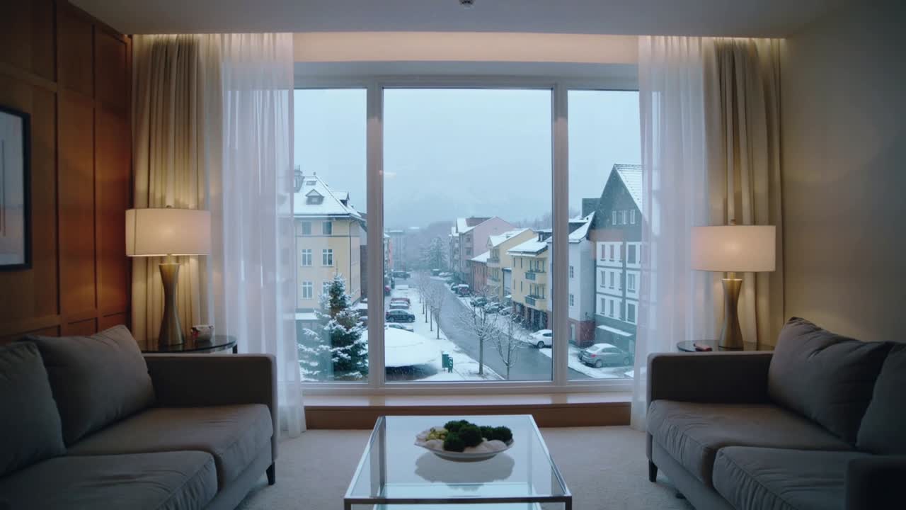 Opening shot showing central three pane window framing snowy street with sofas, lamps in suite