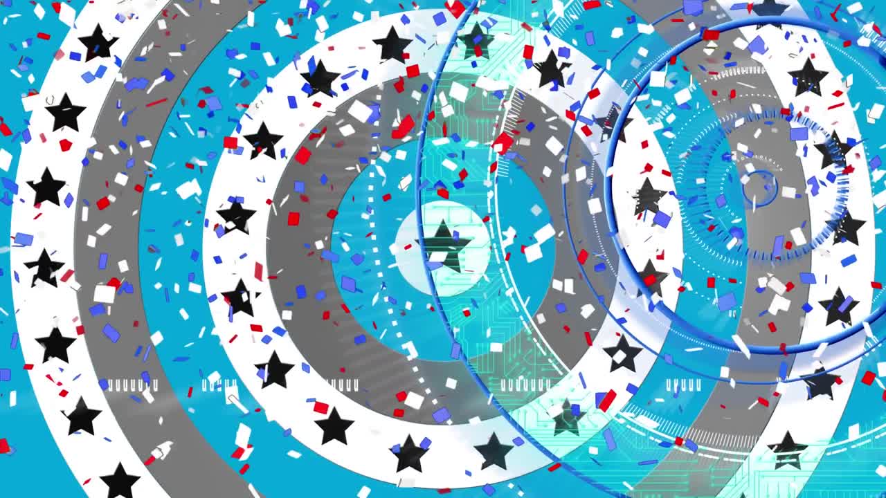 검은색과  ⁇ 색의 미국 국기 별과 원에 색칠 된 콘페티의 애니메이션