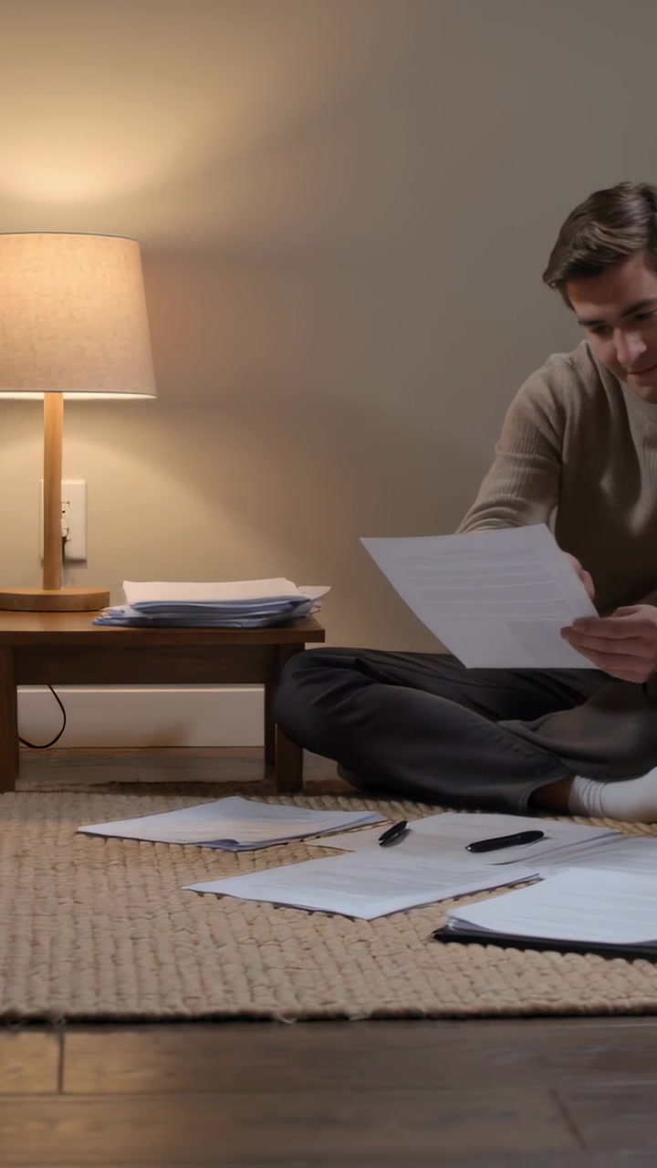 Video verticale: Uomo adulto in maglione che esamina documenti a casa, con lampada accesa e spazio per il testo.