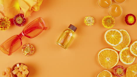 orange essential oil flat lay