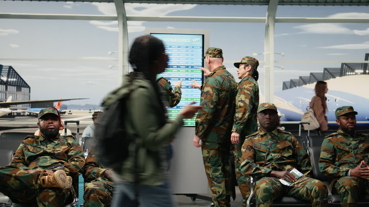 Militari nella sala partenze dell'aeroporto che guardano il tabellone degli orari dei voli