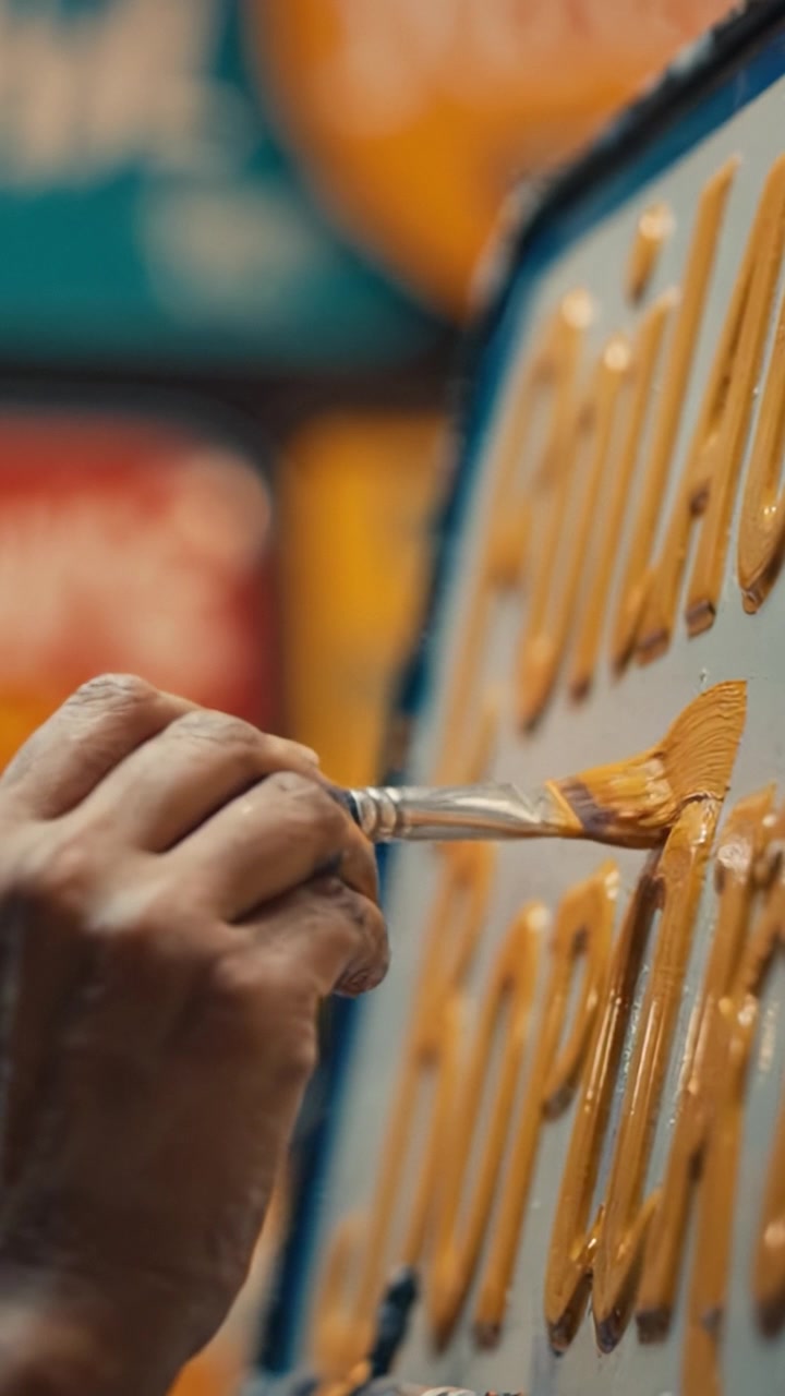 A skilled artisan meticulously paints vibrant letters on a sign, showcasing craftsmanship and the creative process in detail through careful brushstrokes and bright colors.