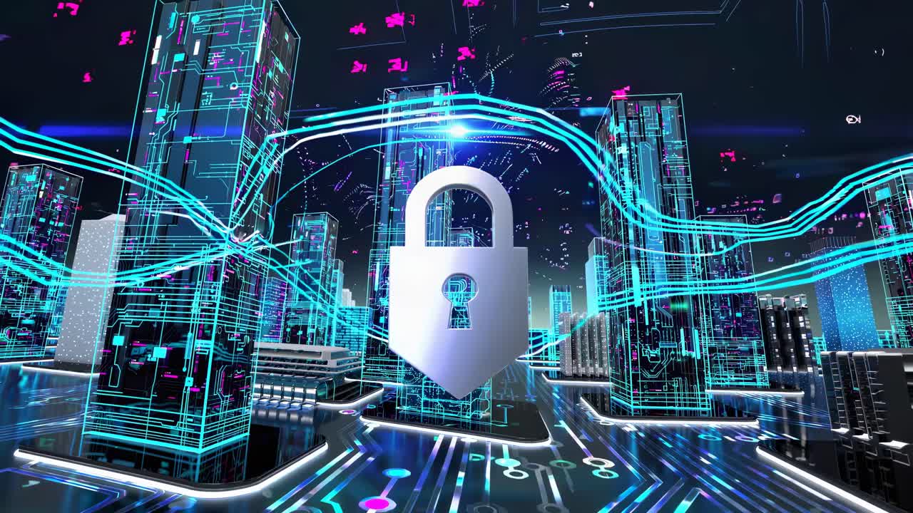 Futuristic cityscape with digital lines and a padlock symbol, viewed from a low angle