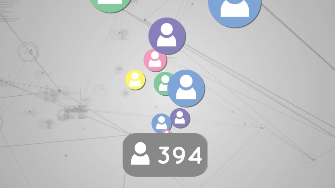 animación de iconos de perfil con números crecientes, red de conexiones y procesamiento de datos