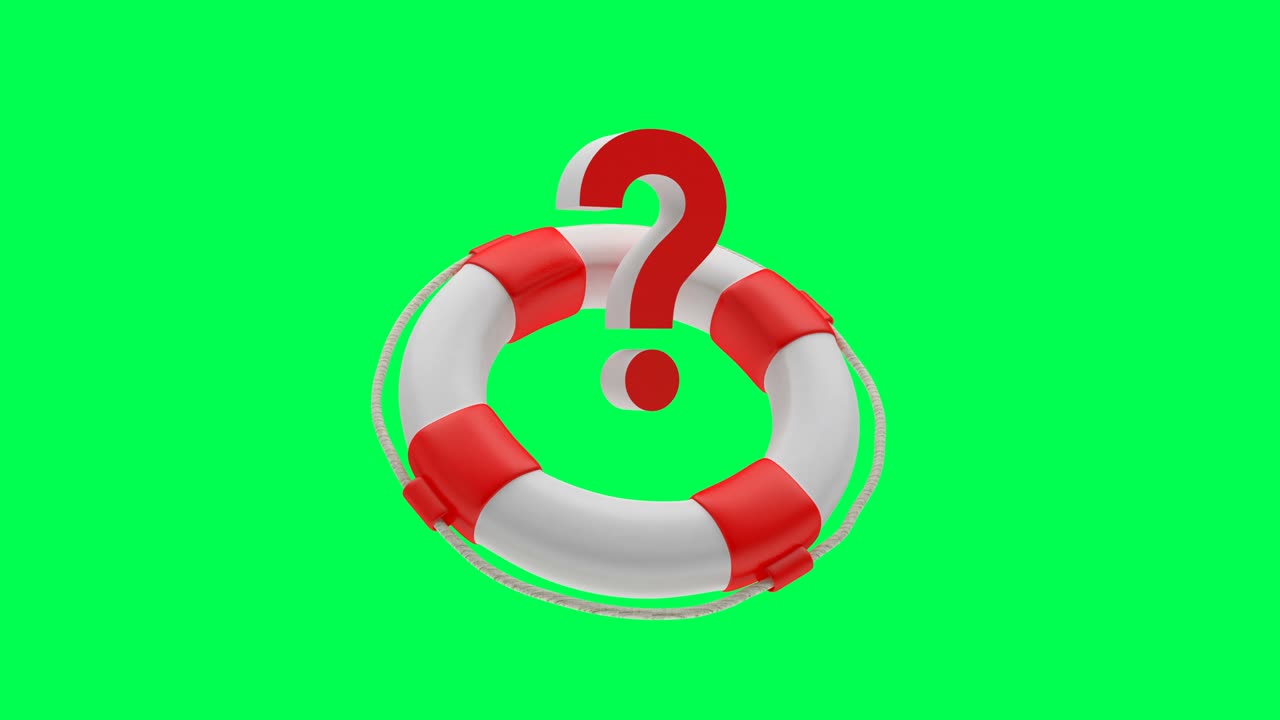 lifebuoy con un signo de interrogación en una pantalla verde en animación 3d en 4k