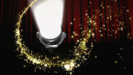 animation of glowing shooting star flying over spotlight and red curtain background