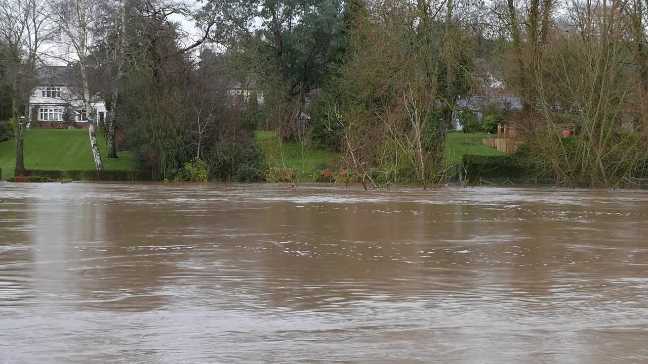 Fast moving flood water in the River Severn at Bewdley