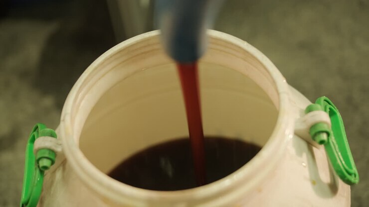 Riempimento di un grande fusto di plastica con liquido