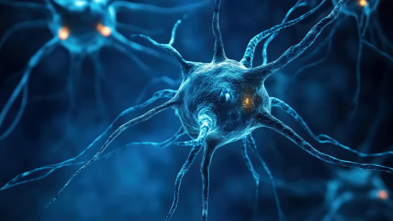 Close-up video of a neuron with glowing synapses, captured from a dynamic angle, highlighting neural