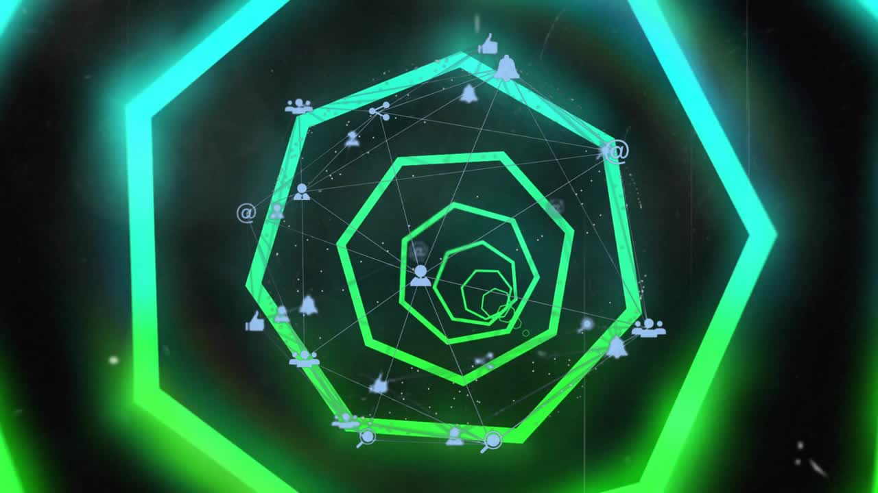 Camera drifting into neon rings causing icons rotating and hues shifting to cyan showing depth