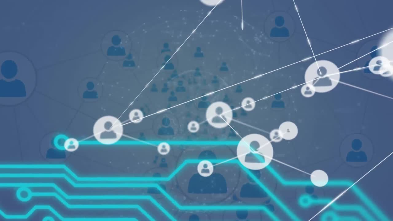 animación de la red de conexiones de la placa de circuitos con iconos digitales