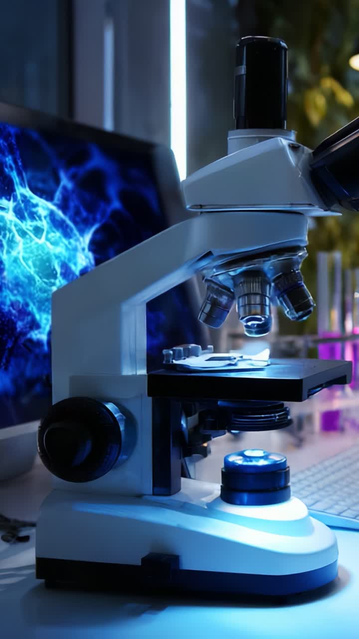 Exploring the World of Microscopy: A Close-Up View of a Modern Microscope with Advanced Features and a Dynamic Background Displaying Scientific Visualizations