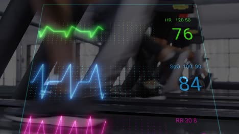 Animation-of-cardiograph-over-diverse-people-exercising