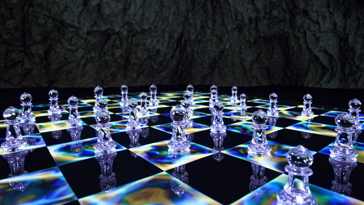 Illuminated glass chess pieces on board