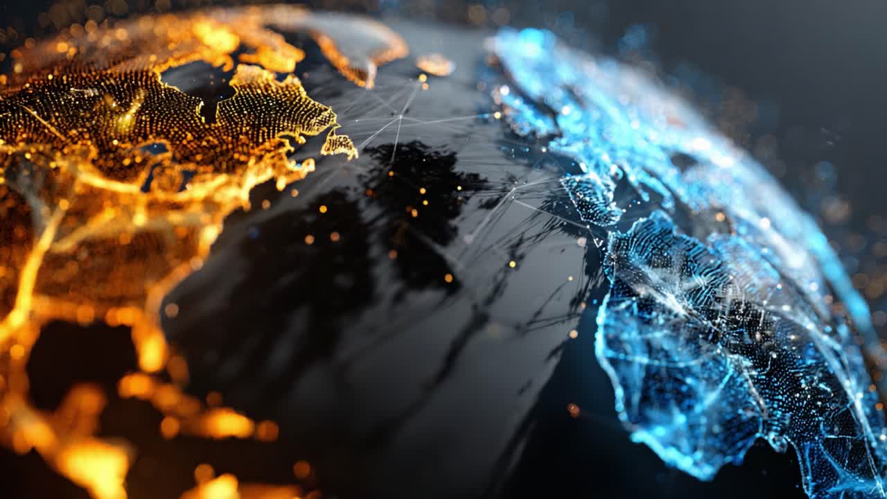 A Stunning Visualization of a Digital Earth Revealing Dynamic Patterns of Connectivity and Light Across Continents, Emphasizing Global Interactions and Data Flow