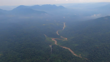 foggy aerial congo flyover: muddy river through dense green jungle