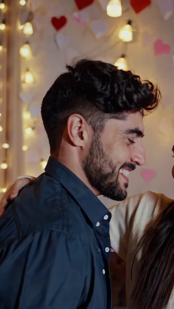 Romantic couple embracing and smiling, celebrating Valentine's Day in a warmly lit home environment adorned with heart shaped decorations and string lights
