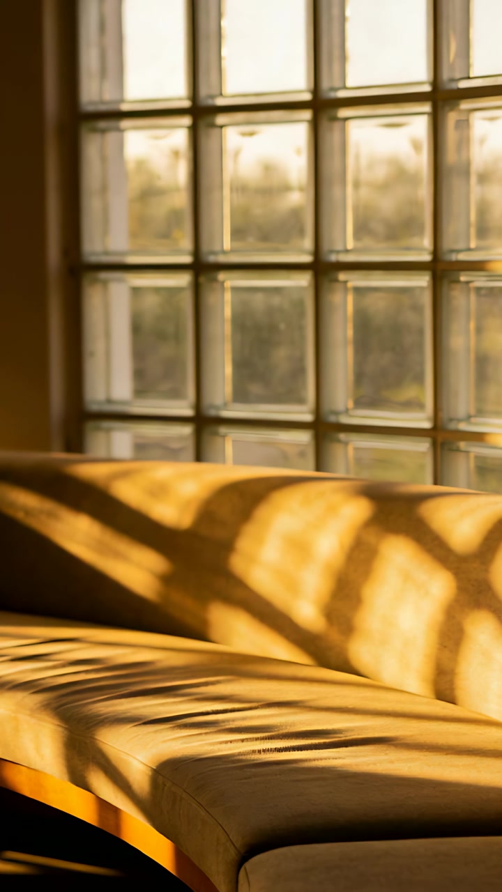 Vertical video: Shifting sun via glass blocks casting shadows on cushion at home, showing sun drift