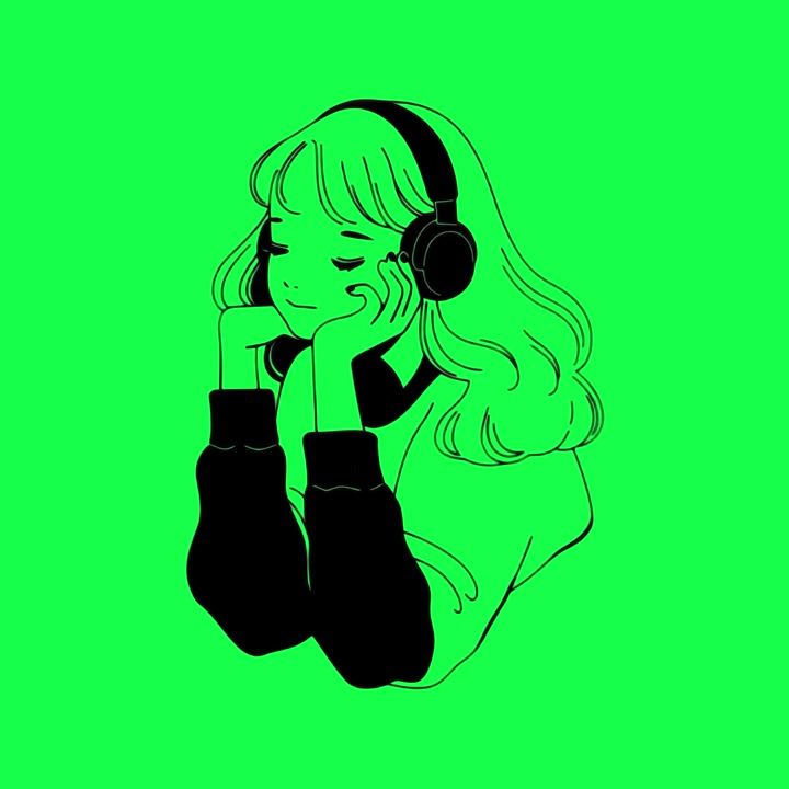 Donna animata che ascolta musica con le cuffie su sfondo verde
