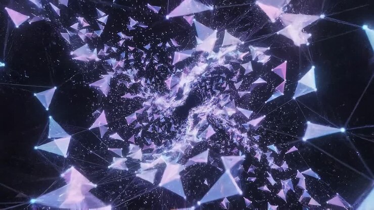 Tunnel di rete digitale astratto con triangoli luminosi