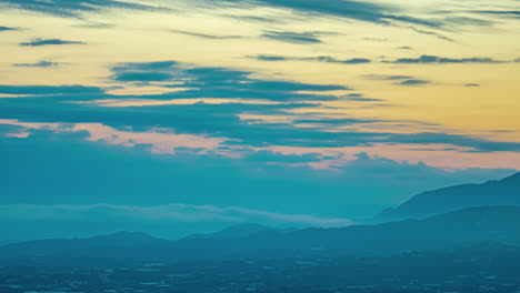 sunset sky above coastal city with moving cloudscape, time lapse