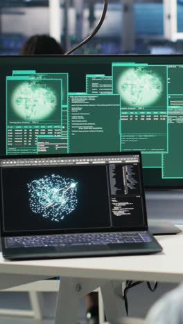vertical video man with paraplegia in server hub trying to protect hardware from hacker attack