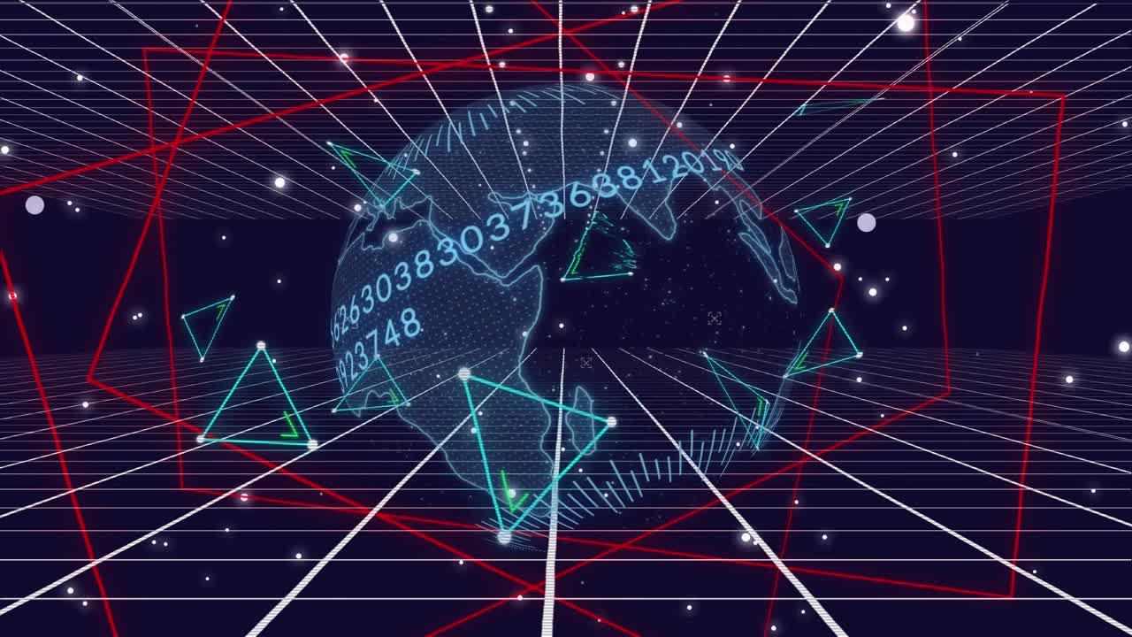 Animation af starttekst for spil over former og globus på sort baggrund