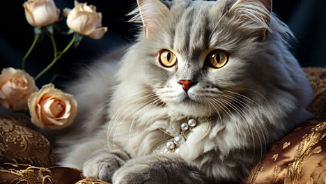 elegant gray cat poses gracefully among soft roses indoors