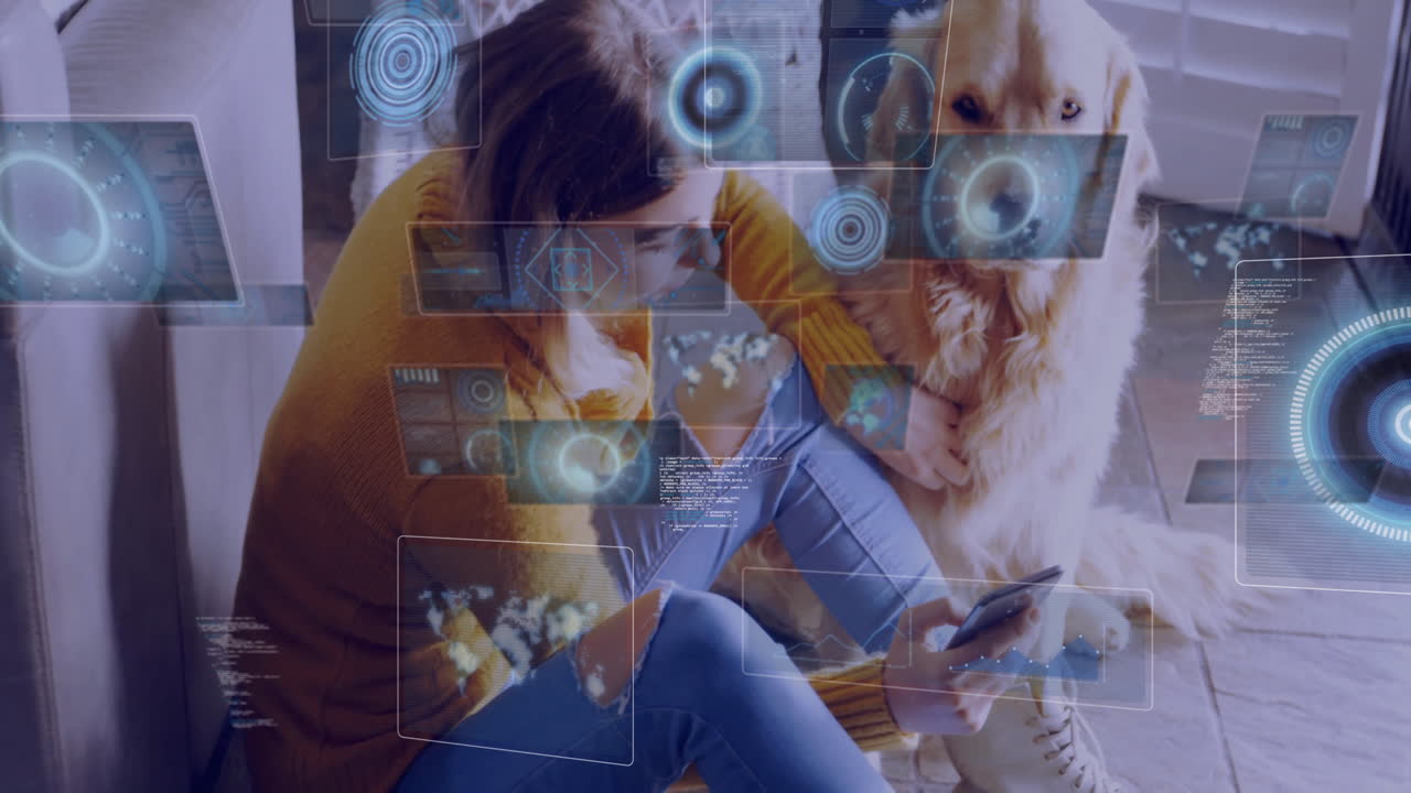 Woman sitting on tiled floor petting dog while using smartphone, showing holographic technology HUD