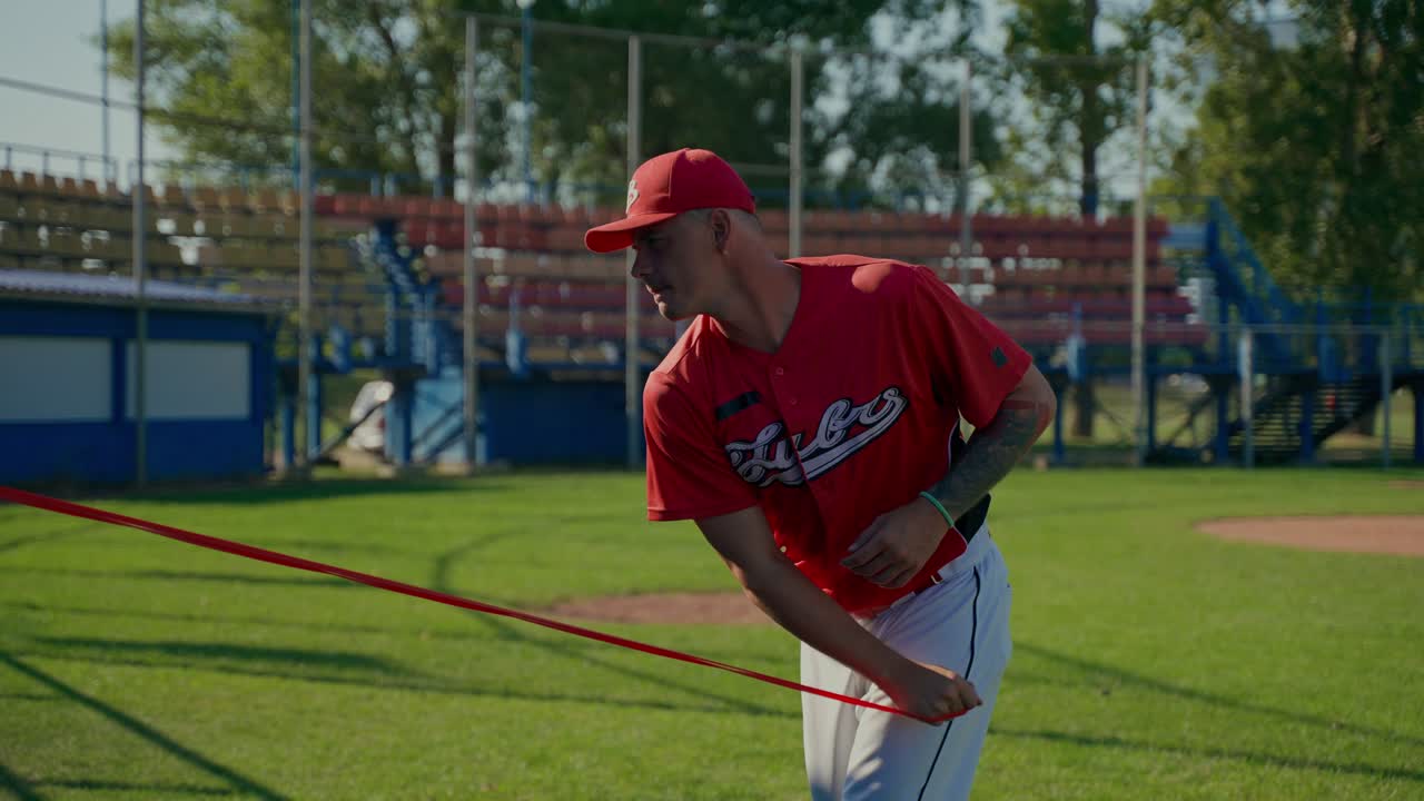 Giocatore di baseball che si allena con una fascia di resistenza sul campo