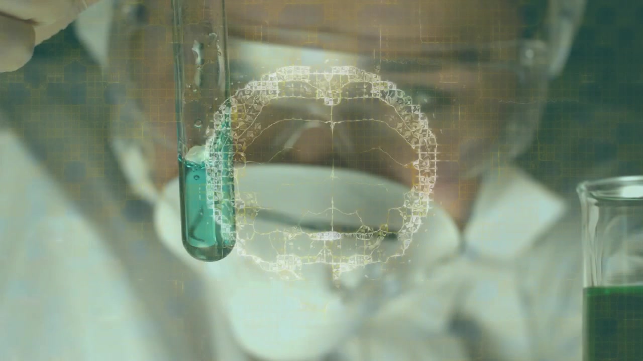 Lab scientist tilting test tube and analyzing teal solution, causing holo brain aligning with tube