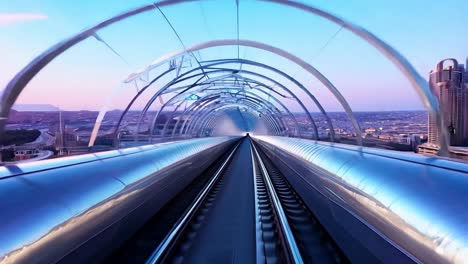 futuristic high speed rail traveling through a city at sunset