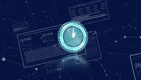 animación del reloj de neón sobre la interfaz con procesamiento de datos y puntos de conexión