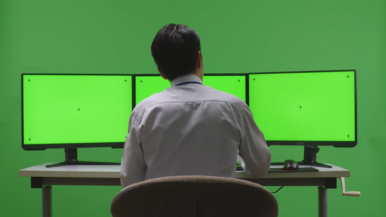 persona que trabaja en un escritorio con varios monitores