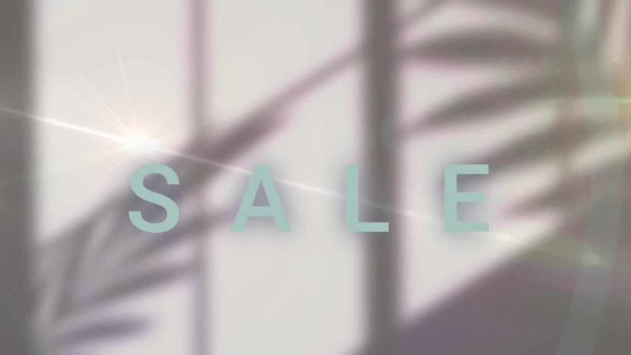 백색 배경에 식물의 그림자에 대 한 다채로운 렌즈 플레어 위에 판매 텍스트의 애니메이션