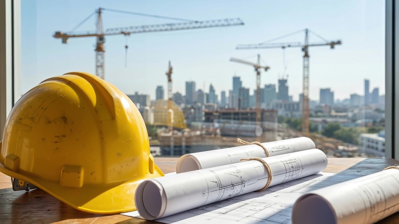 Yellow hard hat and rolled architectural blueprints on a desk with a construction site background