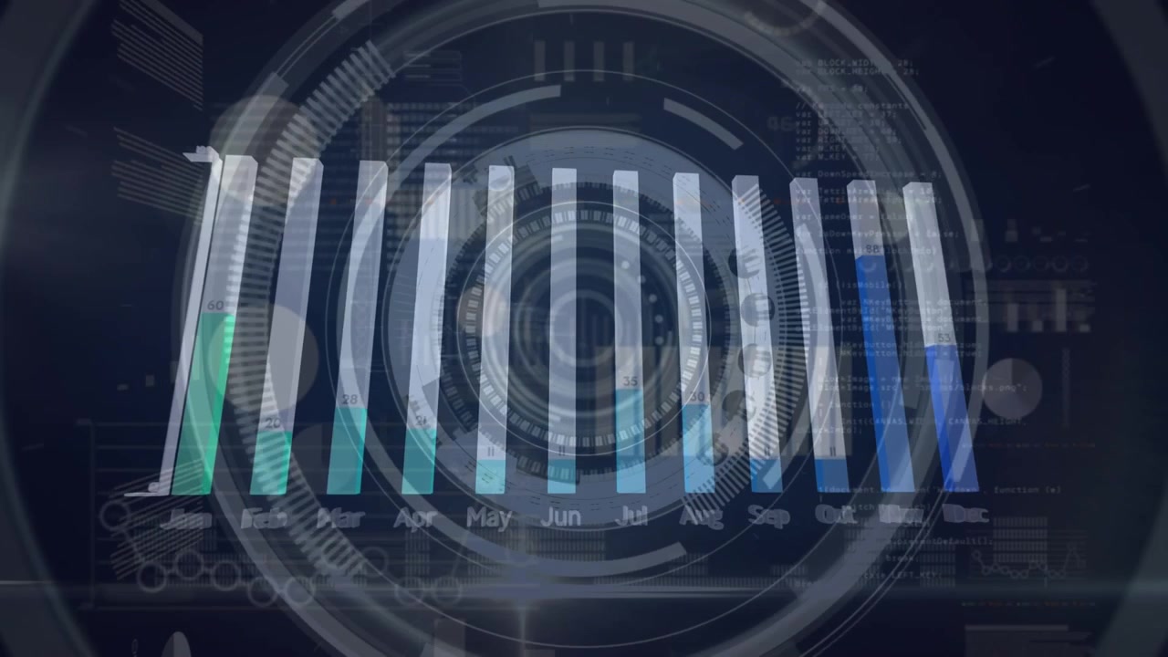Animation of data processing over scope scanning on black background