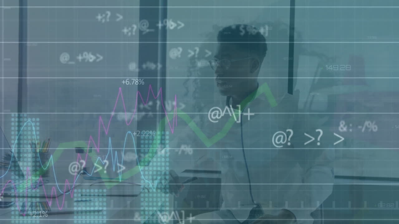 Animation of financial data processing over african american businessman using laptop