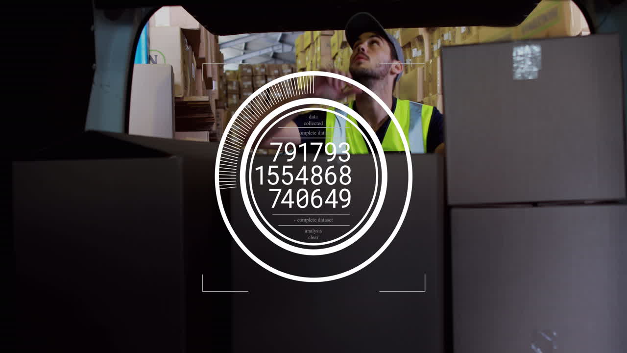 Animation of changing numbers in circles over caucasian man placing boxes in vehicle at warehouse